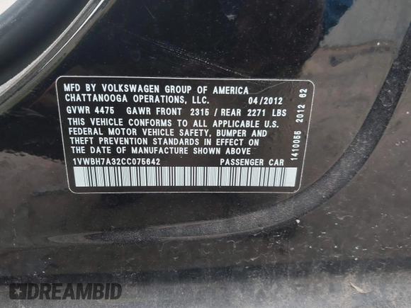 2012 Volkswagen Passat SE с VIN 1VWBH7A32CC075642, выставлен на аукционе IAAI как лот 41800570 с пробегом 187 180 миль миль и . История ставок и продаж доступна на DreamBid. Изображение 9.