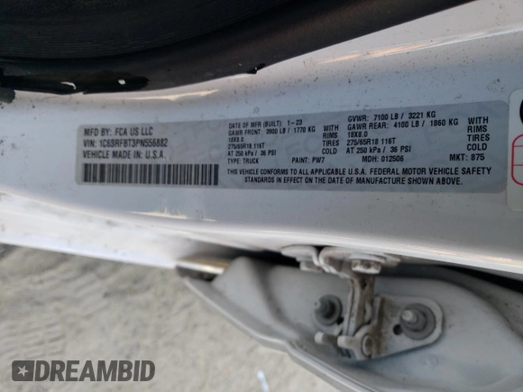 2023 Ram 1500 Big Horn with VIN 1C6SRFBT3PN556882, listed as a Copart auction lot 55431745 with Not provided miles and Non repairable. Bid and sale history available at DreamBid. Image 12.
