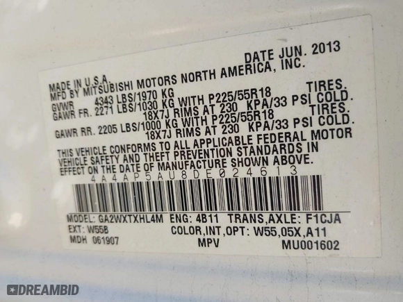 2013 Mitsubishi Outlander Sport LE with VIN 4A4AP5AU8DE024613, listed as a IAAI auction lot 41475433 with 101,272 mi miles. Bid and sale history available at carsss.com. Image 9.