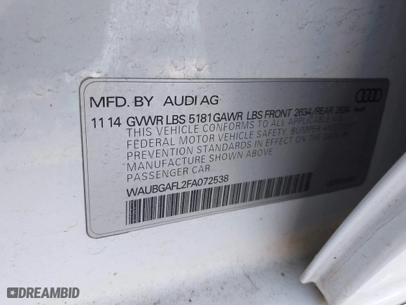 2015 Audi S4 Premium Plus with VIN WAUBGAFL2FA072538, listed as a IAAI auction lot 41784515 with 86,138 mi miles. Bid and sale history available at carsss.com. Image 9.