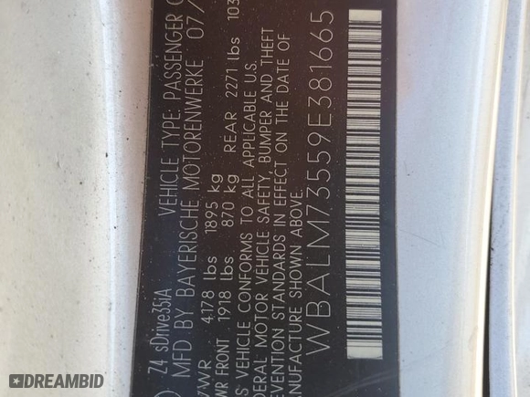 2009 BMW Z4 sDrive35i with VIN WBALM73559E381665, listed as a Copart auction lot 81708664 with NaN miles and Salvage Title. Bid and sale history available at carsss.com. Image 12.