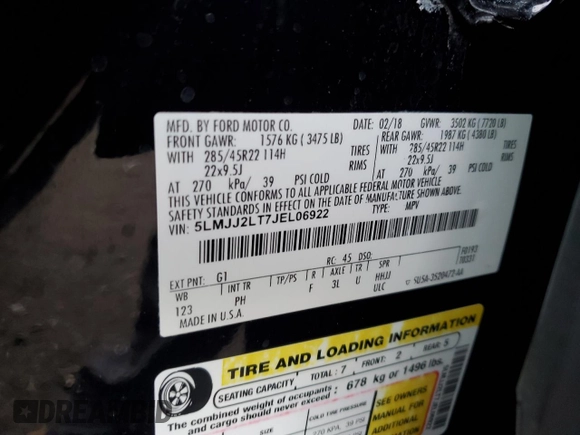 2018 Lincoln Navigator Reserve with VIN 5LMJJ2LT7JEL06922, listed as a Copart auction lot 57246425 with 113,259 mi miles and Salvage title. Bid and sale history available at DreamBid. Image 13.