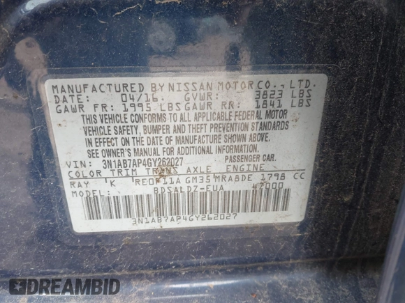 2016 Nissan Sentra SV with VIN 3N1AB7AP4GY262027, listed as a IAAI auction lot 41902879 with 61,449 mi miles and . Bid and sale history available at DreamBid. Image 9.