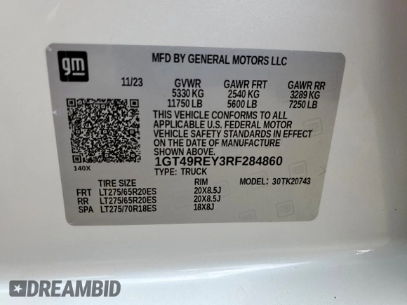 2024 GMC Sierra 2500HD Denali z VIN 1GT49REY3RF284860, wystawiony jako Copart lot #60520235 z przebiegiem Nie podano mil oraz Szkoda całkowita • Salvage title. Historia ofert i sprzedaży dostępna na DreamBid. Obrazek 12.