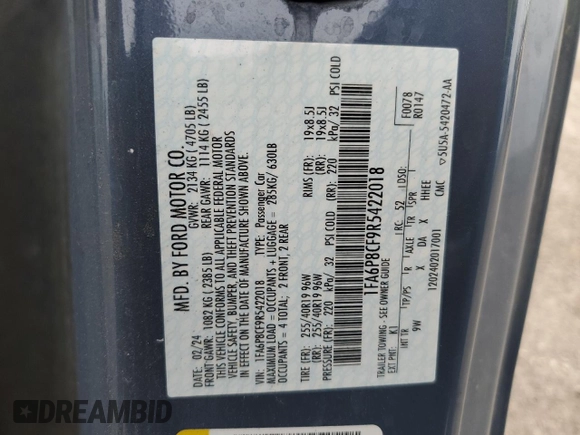 2024 Ford Mustang GT with VIN 1FA6P8CF9R5422018, listed as a Copart auction lot 53167825 with Not provided miles and Salvage title. Bid and sale history available at DreamBid. Image 12.