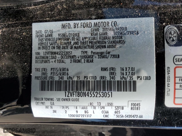 2005 Ford Mustang Deluxe with VIN 1ZVFT80N455253051, listed as a Copart auction lot 52418555 with 177,005 mi miles and Salvage Title. Bid and sale history available at carsss.com. Image 12.