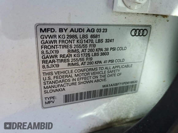 2023 Audi Q7 Premium с VIN WA1AXBF71PD016530, выставлен на аукционе Copart как лот 44337185 с пробегом 28 941 миль миль и Списание • Salvage title. История ставок и продаж доступна на DreamBid. Изображение 13.