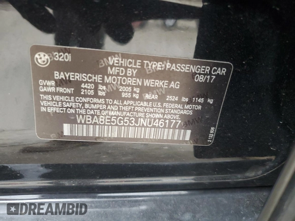 2018 BMW 3 Series 320i xDrive with VIN WBA8E5G53JNU46177, listed as a Copart auction lot 43113215 with 82,616 mi miles and Salvage Title. Bid and sale history available at carsss.com. Image 12.
