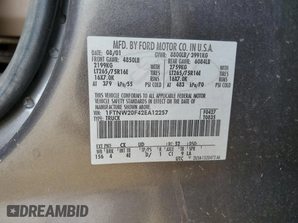 2002 Ford F-250 XL with VIN 1FTNW20F42EA12257, listed as a Copart auction lot 47253775 with 235,976 mi miles and Clean Title. Bid and sale history available at DreamBid. Image 15.