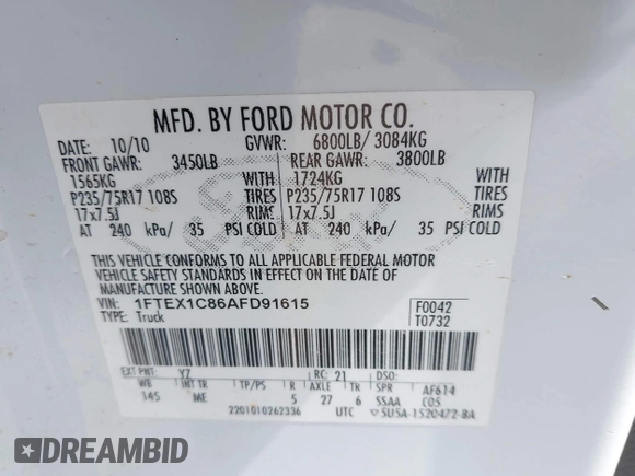 2010 Ford F-150 XL with VIN 1FTEX1C86AFD91615, listed as a IAAI auction lot 41953312 with 227,357 mi miles. Bid and sale history available at carsss.com. Image 9.