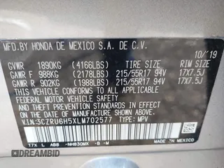 2020 Honda HR-V EX with VIN 3CZRU6H5XLM702577, listed as a IAAI auction lot 40836982 with 18,615 mi miles. Bid and sale history available at carsss.com. Image 9.