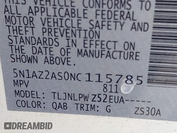 2022 Nissan Murano S z VIN 5N1AZ2AS0NC115785, wystawiony jako IAAI lot #42055354 z przebiegiem 38 536 mil mil oraz . Historia ofert i sprzedaży dostępna na DreamBid. Obrazek 9.