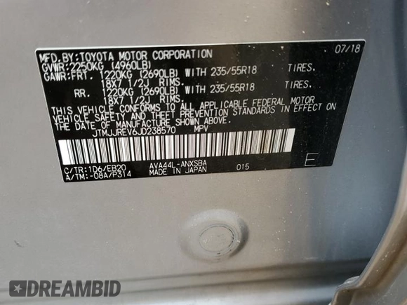 2018 Toyota RAV4 Hybrid SE with VIN JTMJJREV6JD238570, listed as a Copart auction lot 63972534 with Not provided miles and Salvage title. Bid and sale history available at DreamBid. Image 13.