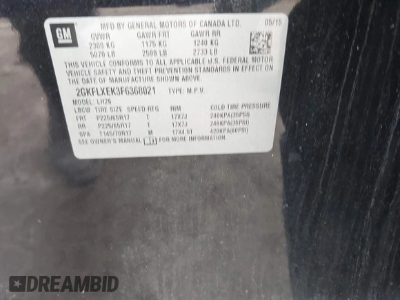 2015 GMC Terrain SLT with VIN 2GKFLXEK3F6368021, listed as a IAAI auction lot 41867118 with 96,214 mi miles and . Bid and sale history available at carsss.com. Image 9.