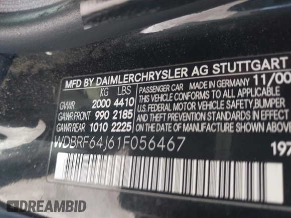 2001 Mercedes-Benz C 320 with VIN WDBRF64J61F056467, listed as a IAAI auction lot 41642611 with 144,008 mi miles and . Bid and sale history available at DreamBid. Image 9.
