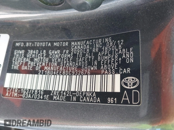 2013 Toyota Corolla L with VIN 2T1BU4EE8DC932676, listed as a IAAI auction lot 41963709 with 222,289 mi miles. Bid and sale history available at carsss.com. Image 9.