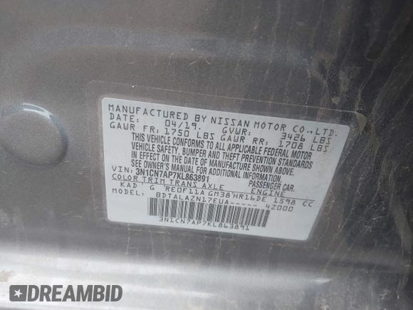 2019 Nissan Versa SV with VIN 3N1CN7AP7KL863891, listed as a IAAI auction lot 41863544 with 90,000 mi miles and . Bid and sale history available at DreamBid. Image 9.