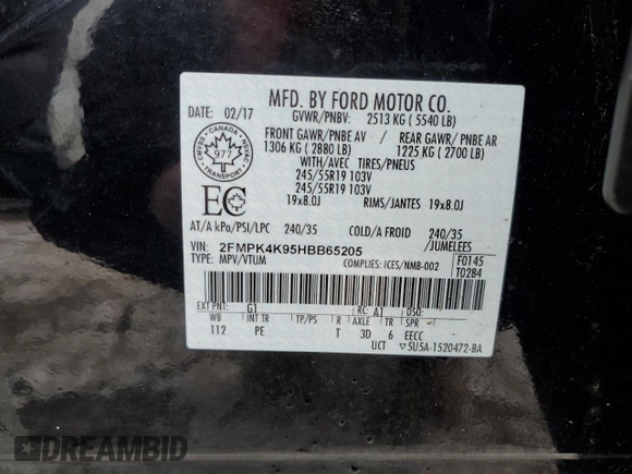 2017 Ford Edge Titanium with VIN 2FMPK4K95HBB65205, listed as a Copart auction lot 42029765 with 0 mi miles and Non Repairable. Bid and sale history available at carsss.com. Image 13.