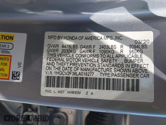 2020 Honda Accord Sport with VIN 1HGCV2F36LA016277, listed as a IAAI auction lot 42485611 with 97,792 mi miles and . Bid and sale history available at DreamBid. Image 9.