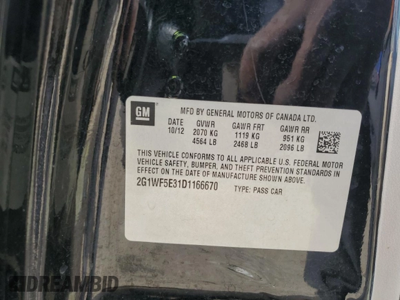 2013 Chevrolet Impala LS with VIN 2G1WF5E31D1166670, listed as a Copart auction lot 48392295 with 259,540 mi miles and Salvage Title. Bid and sale history available at DreamBid. Image 14.