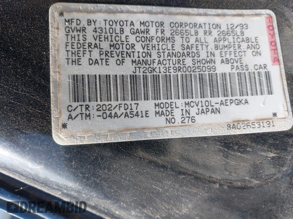 1994 Toyota Camry XLE with VIN JT2GK13E9R0025099, listed as a IAAI auction lot 41735273 with 281,833 mi miles. Bid and sale history available at carsss.com. Image 9.