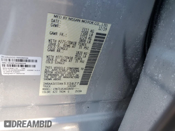 2019 Nissan Titan Platinum Reserve с VIN 1N6AA1E55KN535677, выставлен на аукционе Copart как лот 45929875 с пробегом 58 675 миль миль и Списание • Salvage title. История ставок и продаж доступна на DreamBid. Изображение 13.