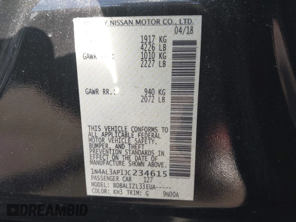 2018 Nissan Altima SV with VIN 1N4AL3AP1JC234615, listed as a IAAI auction lot 41665546 with 74,434 mi miles and . Bid and sale history available at DreamBid. Image 9.
