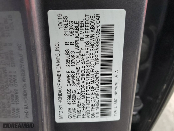 2020 Honda Accord Sedan LX with VIN 1HGCV1F17LA024719, listed as a Copart auction lot 53077445 with 29,729 mi miles and Salvage Title. Bid and sale history available at carsss.com. Image 12.