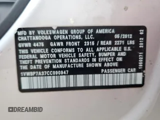 2012 Volkswagen Passat SE с VIN 1VWBP7A37CC090947, выставлен на аукционе Copart как лот 57853385 с пробегом 190 231 миль миль и Списание • Salvage title. История ставок и продаж доступна на DreamBid. Изображение 12.