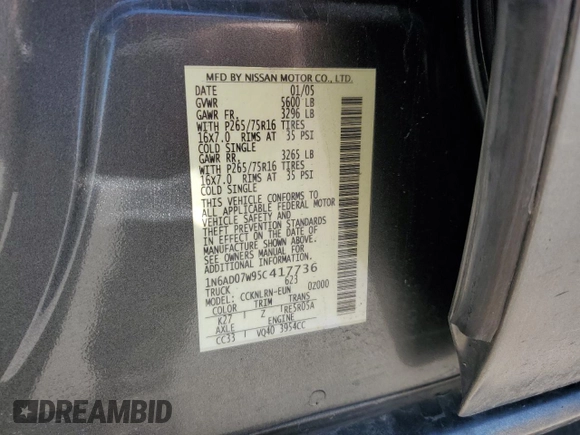 2005 Nissan Frontier LE z VIN 1N6AD07W95C417736, wystawiony jako Copart lot #55112835 z przebiegiem 217 251 mil mil oraz Szkoda całkowita • Salvage title. Historia ofert i sprzedaży dostępna na DreamBid. Obrazek 12.