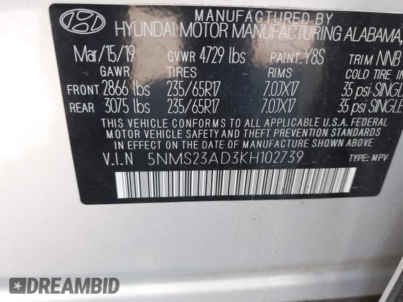 2019 Hyundai Santa Fe SE with VIN 5NMS23AD3KH102739, listed as a IAAI auction lot 42097252 with 116,023 mi miles and . Bid and sale history available at DreamBid. Image 9.