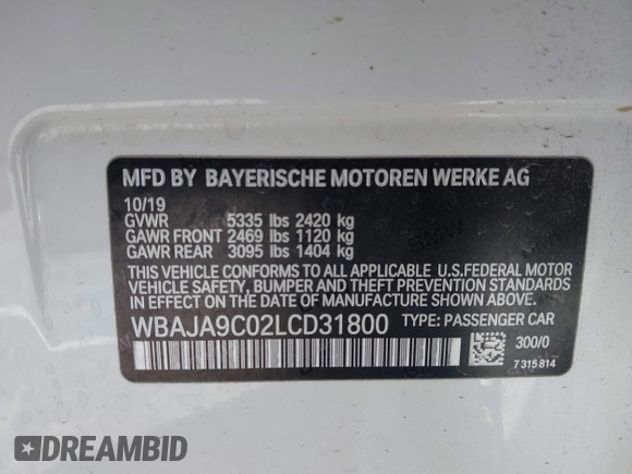 2020 BMW 5 Series 530e with VIN WBAJA9C02LCD31800, listed as a IAAI auction lot 41669765 with 99,024 mi miles and . Bid and sale history available at DreamBid. Image 9.