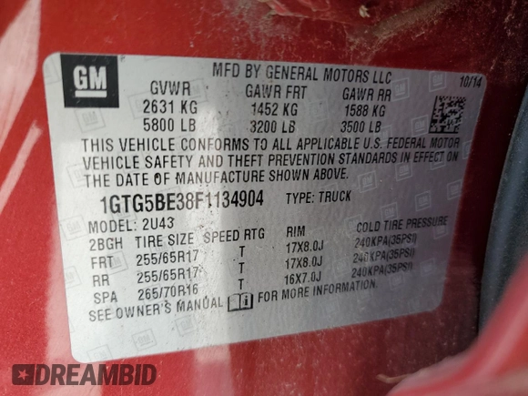 2015 GMC Canyon 2WD SLE with VIN 1GTG5BE38F1134904, listed as a Copart auction lot 51426615 with 123,584 mi miles and Salvage Title. Bid and sale history available at DreamBid. Image 12.