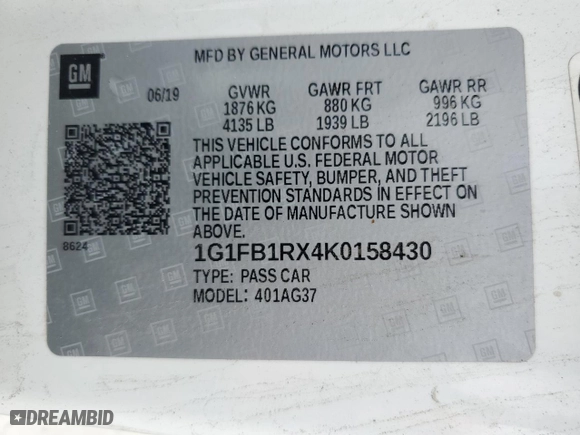 2019 Chevrolet Camaro 1LT with VIN 1G1FB1RX4K0158430, listed as a Copart auction lot 49272775 with 61,641 mi miles and Salvage Title. Bid and sale history available at carsss.com. Image 12.