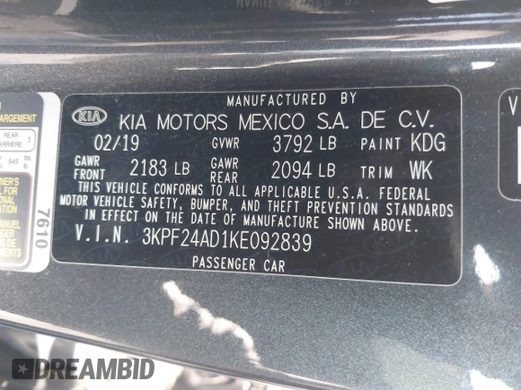 2019 Kia Forte LXS with VIN 3KPF24AD1KE092839, listed as a IAAI auction lot 42649547 with 74,564 mi miles and . Bid and sale history available at DreamBid. Image 9.