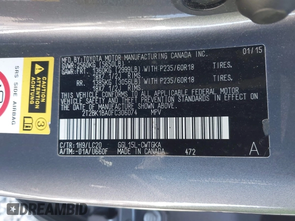 2015 Lexus RX 350 with VIN 2T2BK1BA0FC306074, listed as a IAAI auction lot 42725806 with 61,472 mi miles and . Bid and sale history available at DreamBid. Image 9.