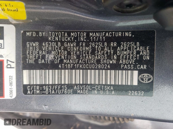 2012 Toyota Camry L with VIN 4T1BF1FK0CU028024, listed as a Copart auction lot 54590985 with 135,686 mi miles and Clean Title. Bid and sale history available at carsss.com. Image 12.