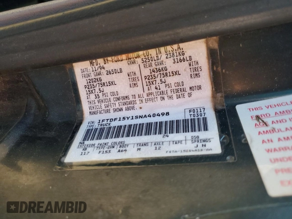 1995 Ford F-150 with VIN 1FTDF15Y1SNA40498, listed as a Copart auction lot 85003654 with 0 mi miles and Salvage Title. Bid and sale history available at carsss.com. Image 12.