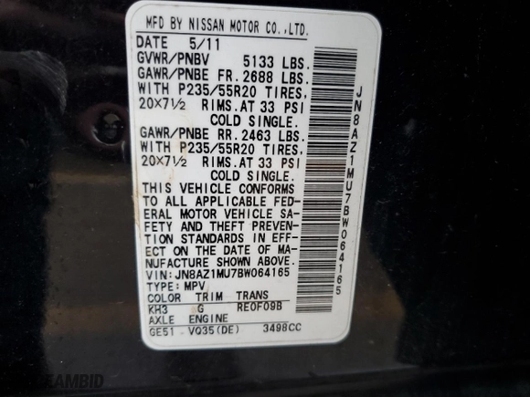2011 Nissan Murano LE with VIN JN8AZ1MU7BW064165, listed as a Copart auction lot 81290964 with 189,994 mi miles and Salvage Title. Bid and sale history available at carsss.com. Image 16.