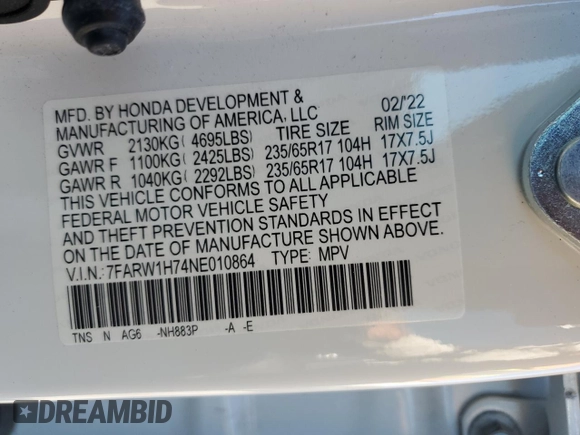 2022 Honda CR-V Special Edition with VIN 7FARW1H74NE010864, listed as a Copart auction lot 77457284 with 17,466 mi miles and Salvage Title. Bid and sale history available at carsss.com. Image 14.