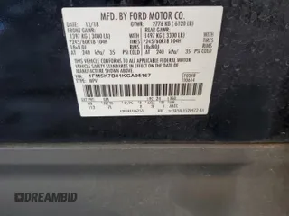 2019 Ford Explorer с VIN 1FM5K7B81KGA95167, выставлен на аукционе Copart как лот 46086695 с пробегом 48 326 миль миль и На запчасти • Non repairable. История ставок и продаж доступна на DreamBid. Изображение 13.