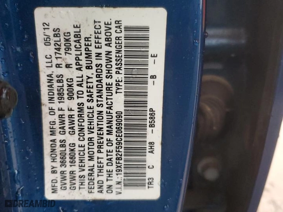 2012 Honda Civic Sdn LX with VIN 19XFB2F59CE069090, listed as a Copart auction lot 49880845 with 117,295 mi miles and Salvage Title. Bid and sale history available at carsss.com. Image 12.