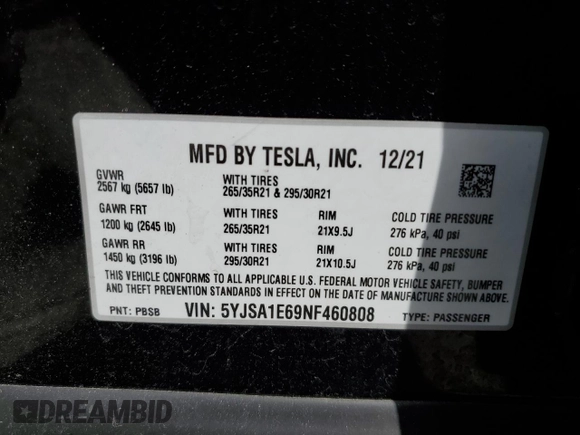 2022 Tesla Model S Plaid with VIN 5YJSA1E69NF460808, listed as a Copart auction lot 48766764 with 12,836 mi miles and Salvage Title. Bid and sale history available at DreamBid. Image 13.