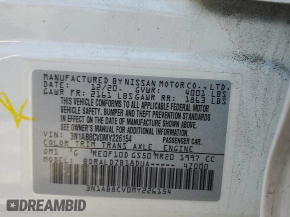 2021 Nissan Sentra SV z VIN 3N1AB8CV0MY226154, wystawiony jako Copart lot #51447225 z przebiegiem 31 292 mil mil oraz Szkoda całkowita • Salvage title. Historia ofert i sprzedaży dostępna na DreamBid. Obrazek 13.