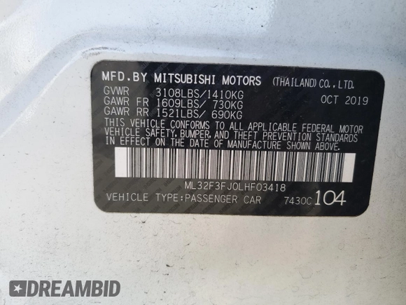 2020 Mitsubishi Mirage G4 ES with VIN ML32F3FJ0LHF03418, listed as a Copart auction lot 64009374 with 65,659 mi miles and Salvage Title. Bid and sale history available at carsss.com. Image 12.