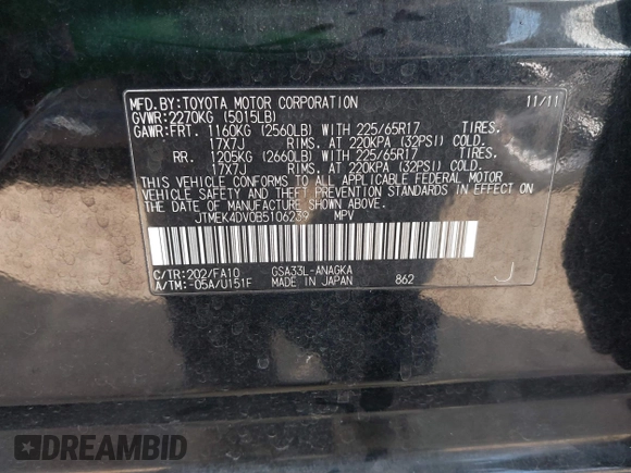 2011 Toyota RAV4 with VIN JTMEK4DV0B5106239, listed as a IAAI auction lot 41424253 with 125,747 mi miles and . Bid and sale history available at DreamBid. Image 9.