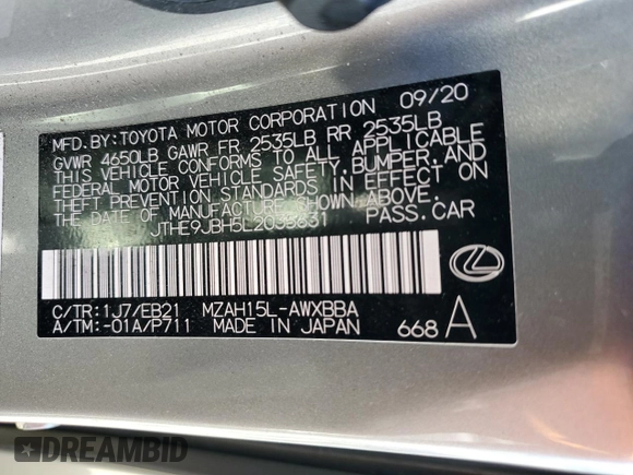 2020 Lexus UX 250h F Sport with VIN JTHE9JBH5L2035631, listed as a Copart auction lot 81378314 with 27,963 mi miles and Salvage title. Bid and sale history available at DreamBid. Image 14.