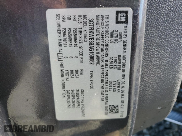 2010 GMC Sierra 1500 SLT with VIN 3GTRKWE38AG160082, listed as a Copart auction lot 52681465 with 251,363 mi miles and Salvage title. Bid and sale history available at DreamBid. Image 12.