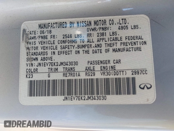 2018 Infiniti Q60 Luxe with VIN JN1EV7EK2JM343030, listed as a IAAI auction lot 42827233 with 97,945 mi miles and . Bid and sale history available at DreamBid. Image 9.