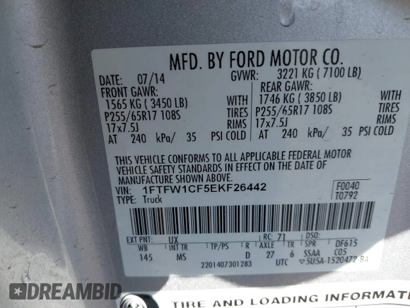 2014 Ford F-150 XL with VIN 1FTFW1CF5EKF26442, listed as a IAAI auction lot 41484912 with 195,263 mi miles. Bid and sale history available at carsss.com. Image 9.